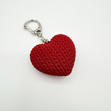 3D printed red heart keychain with a realistic knitted texture and silver swivel lobster clasp.