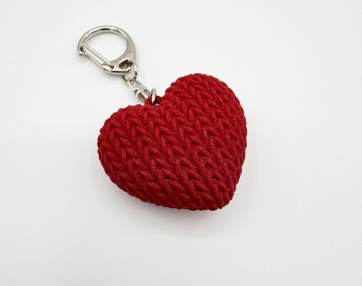 3D printed red heart keychain with a realistic knitted texture and silver swivel lobster clasp.