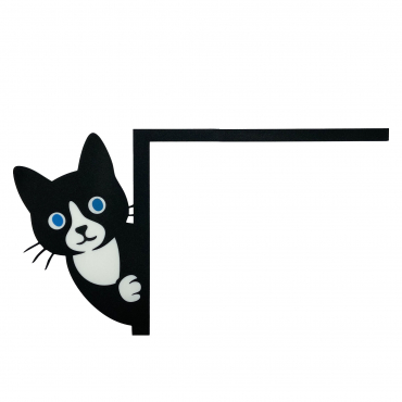 Black and white cat door frame decoration peeking from the left corner, featuring blue eyes and 3D printed texture.
