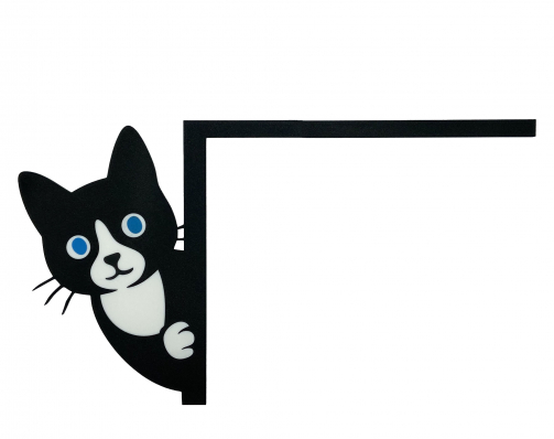Black and white cat door frame decoration peeking from the left corner, featuring blue eyes and 3D printed texture.