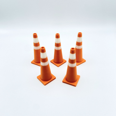A set of five orange and white 3D printed traffic cones for RC drift tracks and toy dioramas.