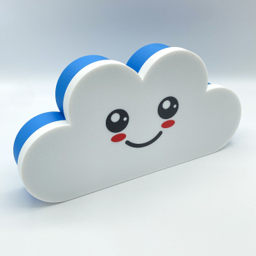 Front view of a 3D printed cloud box featuring large anime eyes and blushing cheeks.