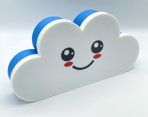Front view of a 3D printed cloud box featuring large anime eyes and blushing cheeks.