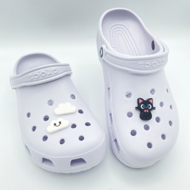 Collection of Kawaii 3D printed charms featuring cats and clouds on clogs.