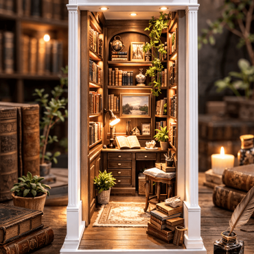Book nook diorama featuring a tiny desk, quill, and plants.