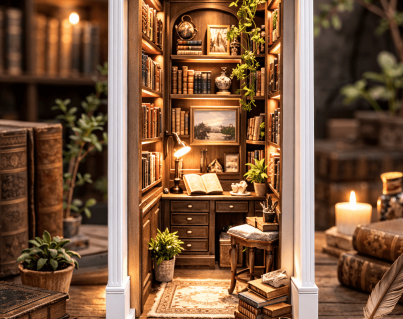 Book nook diorama featuring a tiny desk, quill, and plants.