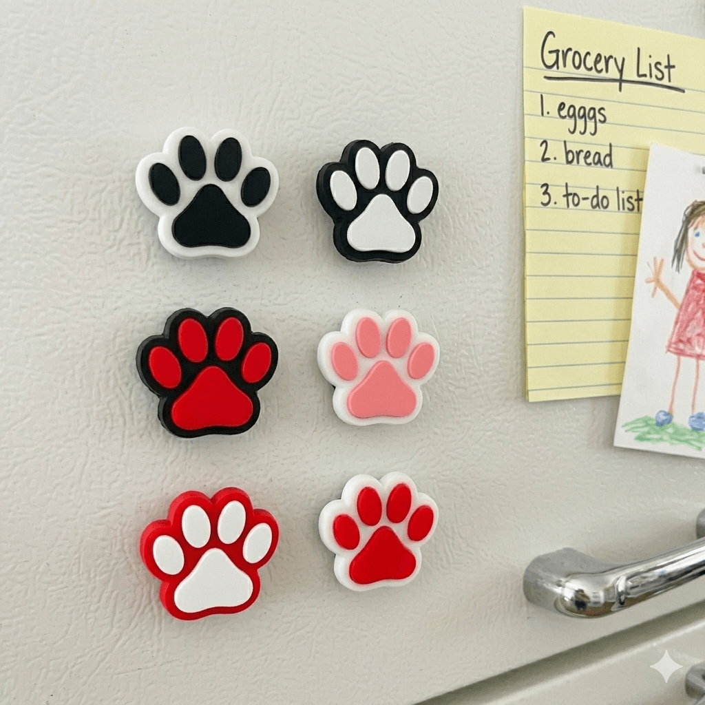 Collection of colorful 3D printed paw print magnets on white fridge.