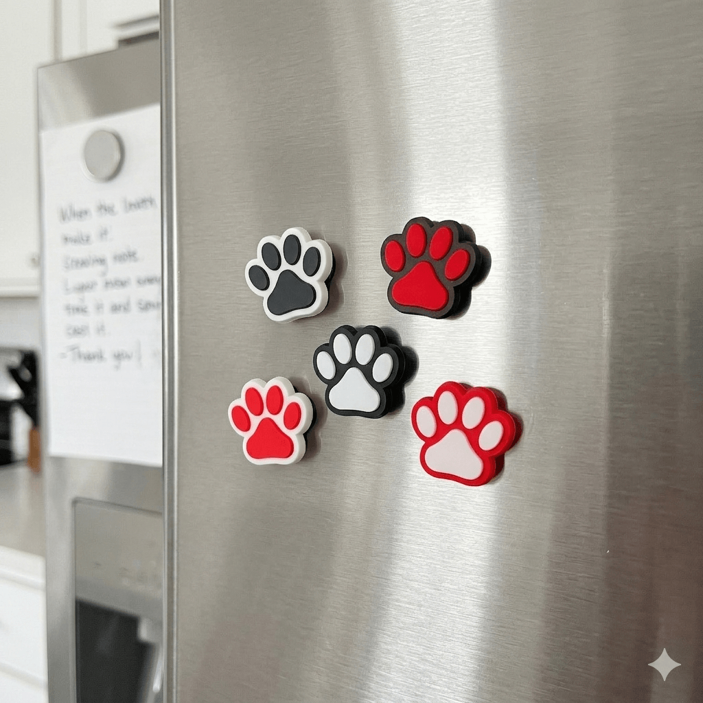 Collection of colorful 3D printed paw print magnets on stainless steel fridge.